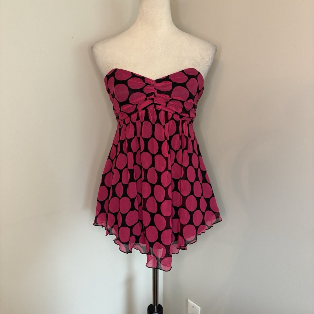 Express 100% Silk Strapless Top S Hot Pink Black Polka Dot Chiffon Y2K Babydoll